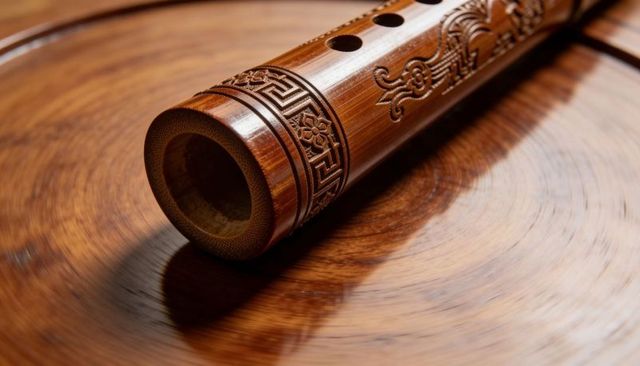 Carved bamboo flute featuring floral motifs resting on polished wooden platter closeup