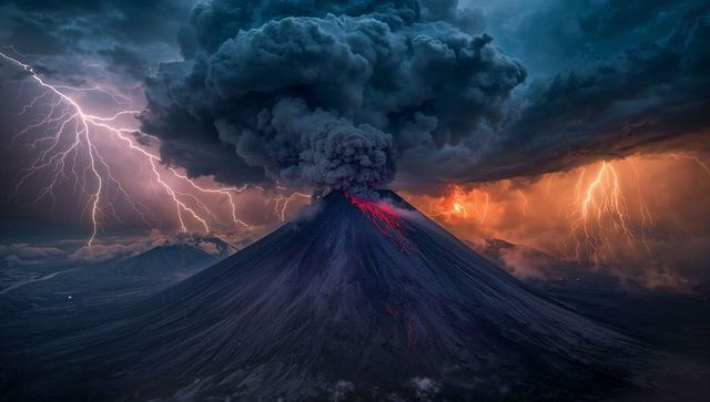 Dramatic Volcano Eruption with Lightning at Night