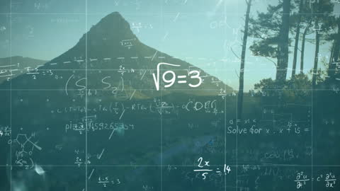 Mathematical Formulas Overlaid on Mountainous Landscape Illustration