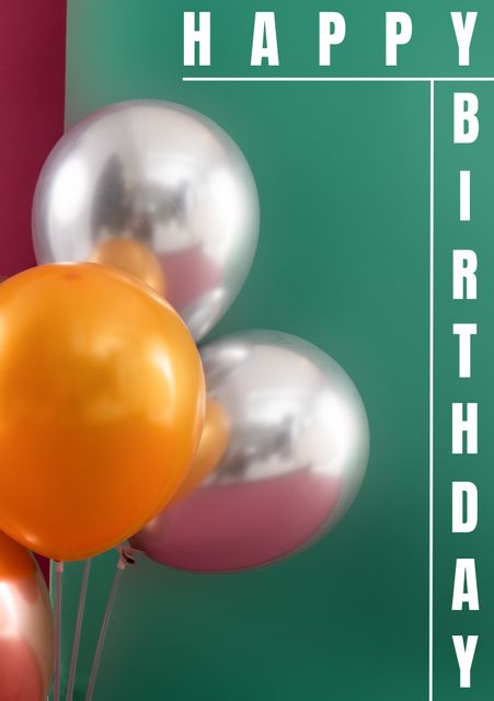 Modern minimalist happy birthday card featuring vibrant orange and silver balloons against green background. Ideal for birthday invitations, celebratory e-cards, festive party decorations, and personalized greetings.