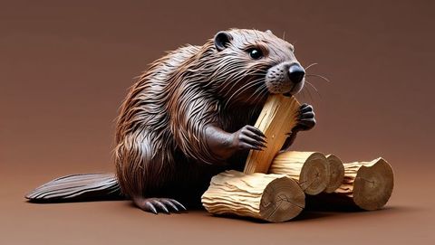 Realistic beaver gnawing wooden logs on stylish floor
