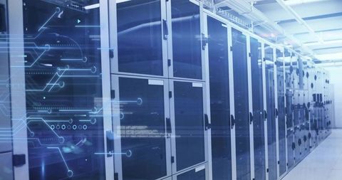 Modern Data Center Corridor with Digital Circuity Overlay