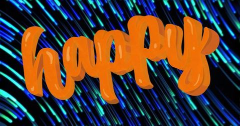 Floating orange 3D 'happy' lettering over neon light streaks for vibrant celebration