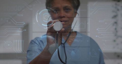 Doctor in Scrubs Holding Stethoscope with Digital Interface Graphics