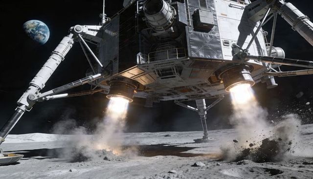 Lunar lander descending, thrusters firing, kicking up regolith with Earth backdrop
