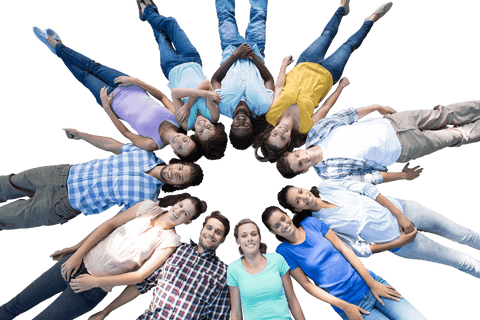 Diverse group of friends lying in circular formation on transparent background