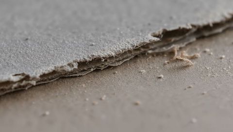 Torn layered cardboard edge revealing frayed fibers and dust macro texture closeup