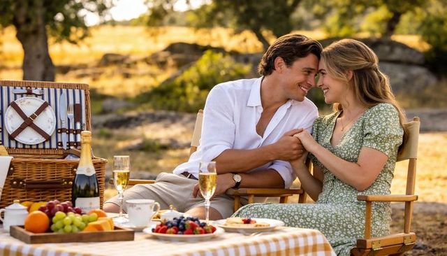 Romantic couple holding hands during sunlit countryside picnic with champagne and fruit
