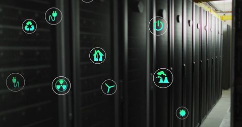 Eco icons overlay on data center servers with global technology theme