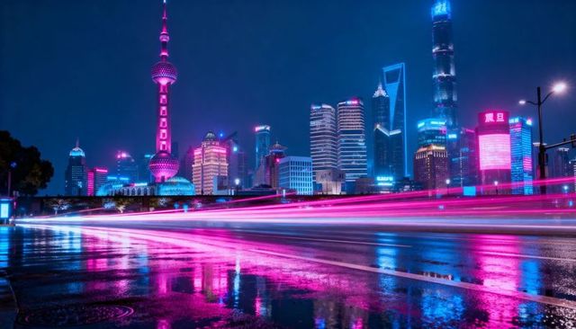 Neon cyberpunk shanghai skyline at night featuring oriental pearl tower, light trails