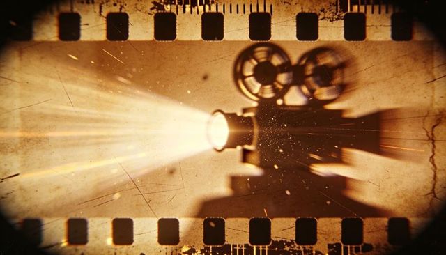 Vintage twin-reel projector casting bright sepia beam through film sprockets, cinematic grain