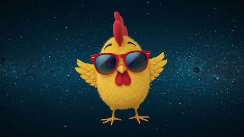 Colorful cartoon chicken in sunglasses with cosmic background