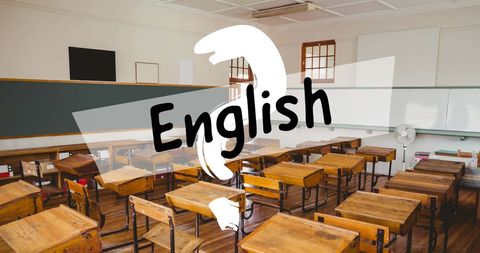 Empty classroom with english text overlay illustrating school concept