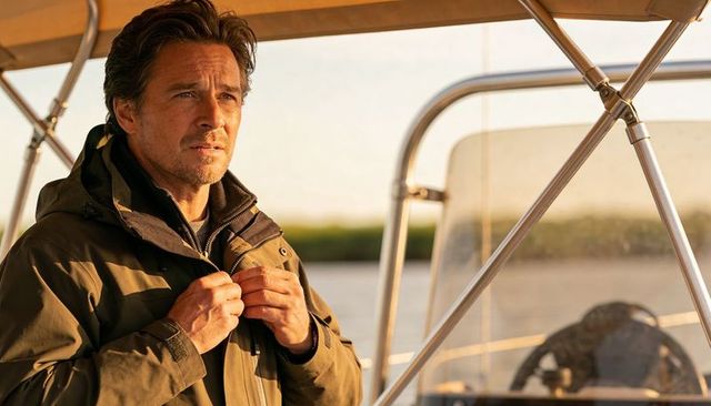 Contemplative man zipping jacket on small boat at golden hour, steering under bimini