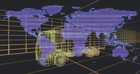 Moving Neon Wireframe Truck on 3D Grid with Global Data Map for Logistics Visualization
