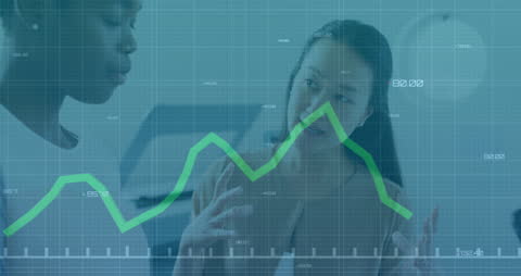 Diverse Coworkers Discussing Business Strategy with Graph Overlay