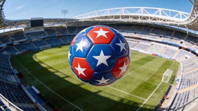 Star-patterned red blue soccer ball floating above modern stadium pitch in bright sunlight