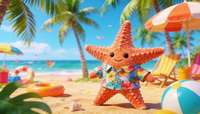 Smiling starfish wearing hawaiian shirt on sunny tropical beach with colorful toys
