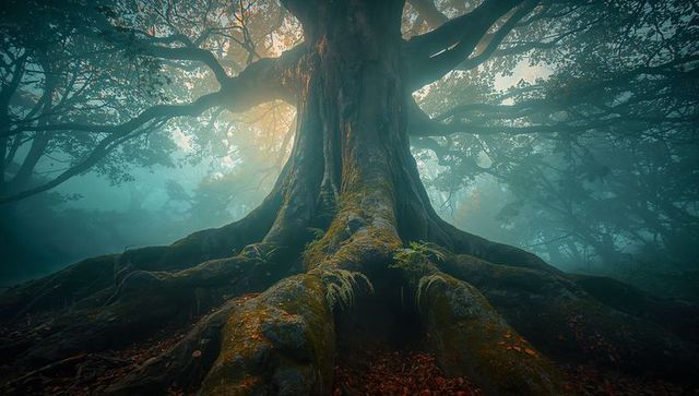 Ancient Tree with Sprawling Roots in Mystical Misty Forest