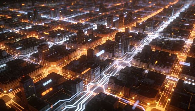 Neon city grid glowing with digital circuitry tracing data streams across urban skyline