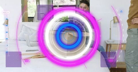 Displaying augmented reality hud overlay in bedroom with two men and laptop