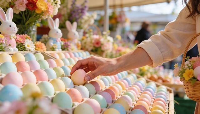 Hand Picking Pastel Easter Eggs at Outdoor Market with Floral Basket and Bunny Decor