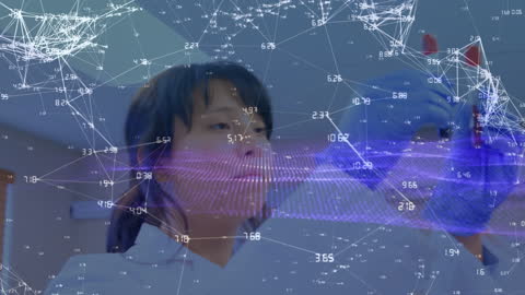 Scientist Analyzing Data in Laboratory with Digital Network Overlay