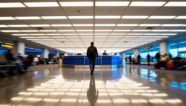 Solo traveler walking toward blue airport service desk with backpack and reflective floor