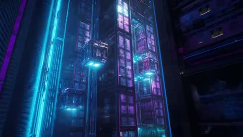 Cybernetic Platforms Ascending in Neon-lit Data Center