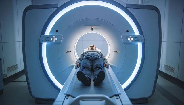 Patient lying inside mri scanner with blue ring light and modern radiology controls