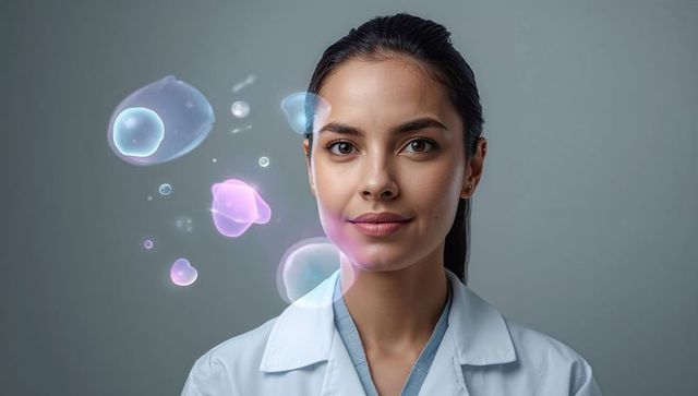 Female clinician portrait wearing lab coat and blue scrubs with holographic ai bubbles