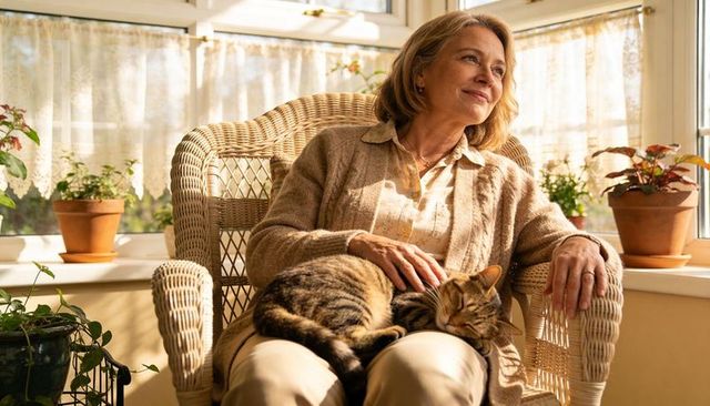 Sunlit senior woman relaxing in wicker chair petting tabby cat in cozy sunroom conservatory