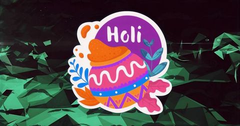 Holi pot bursting orange powder celebrating festival with floral accents and neon glow