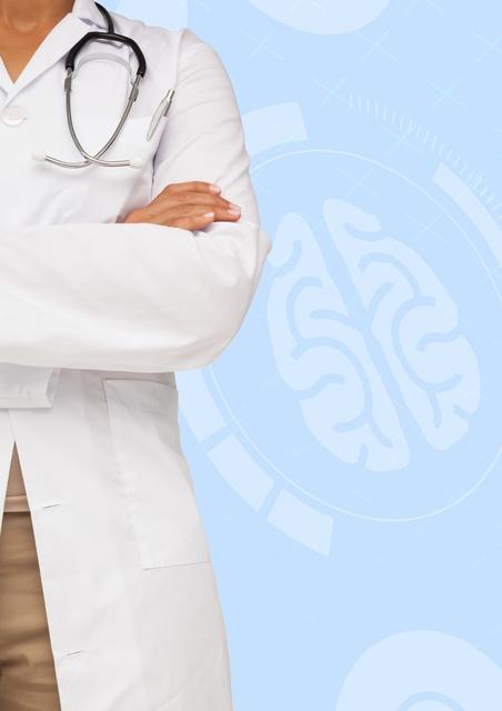 Mid section of doctor standing with arms crossed against medical background