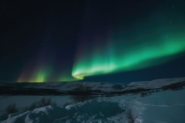 This picturesque image captures the mesmerizing northern lights dancing over a snowy landscape at night. With vibrant green hues illuminating the sky, it showcases a stunning display of nature's beauty. The snow-covered terrain and star-filled sky add to the tranquility and majesty of the scene. Ideal for travel websites, nature blogs, posters, and calendar images, it emphasizes the ethereal beauty of polar regions and nighttime landscapes.