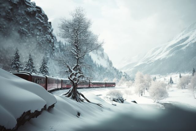 Scenic winter landscape with train in mountains, created using generative ai technology. Winter snow scenery, travel and beauty in nature concept digitally generated image.