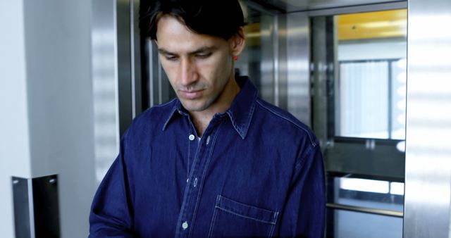 Man wearing denim shirt standing near elevator doors, intently looking downward. Ideal for depicting themes of business, concentration, focus, daily commute, and concentrated thought in a corporate or modern building environment.