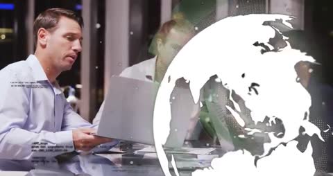 Business Team Collaborating with Futuristic World Map Overlay