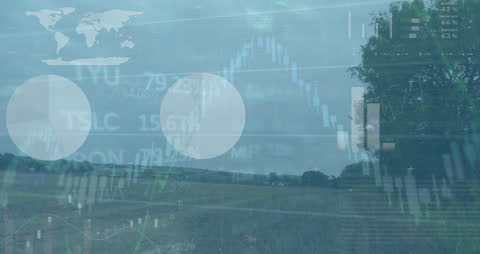 Global Economy Animation with Stock Market Data Overtop Grassland