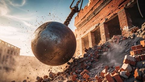 Wrecking ball demolishing brick structure with dust clouds