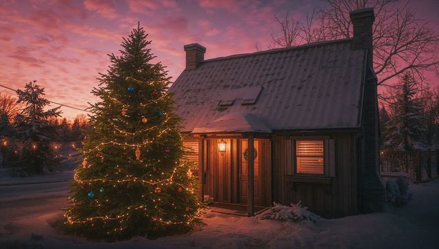 Decorated Pine Tree Illuminated by Snow-Covered Rustic Cabin at Sunset