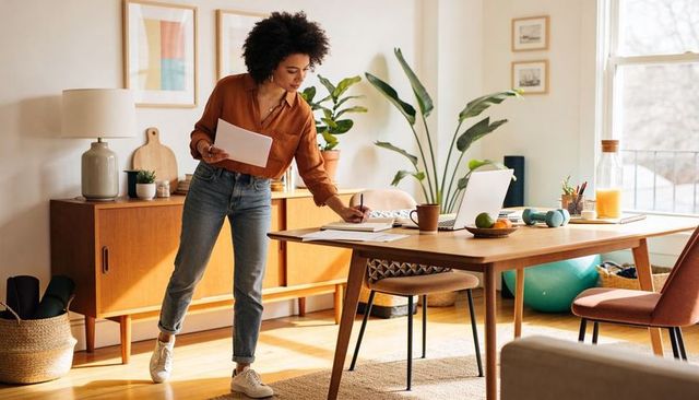 Woman organizing home office papers at sunlit midcentury desk with laptop and plants