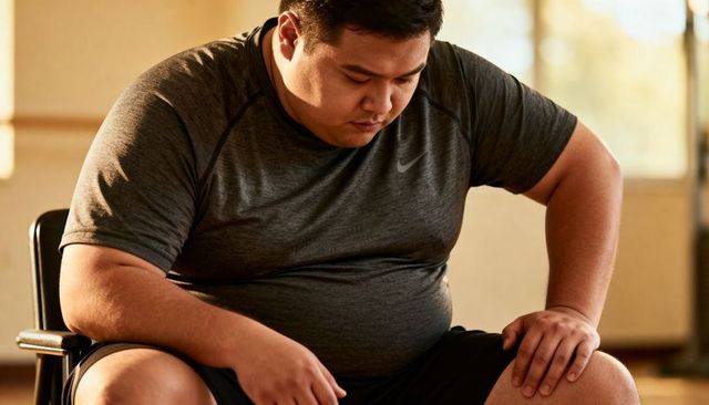 Asian man resting after rehab session in wheelchair, focusing on recovery and resilience