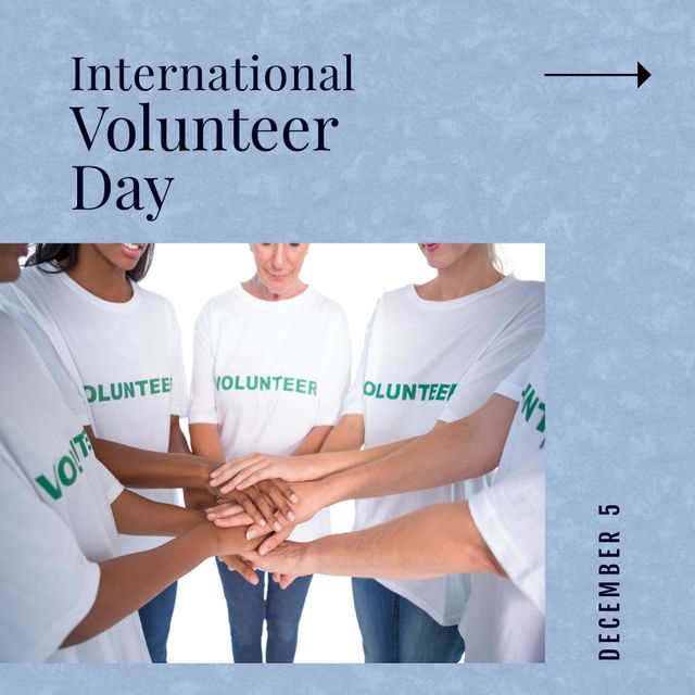 Composition of international volunteer day text and diverse people in volunteer t-shirts. International volunteering, helping and empathy concept.