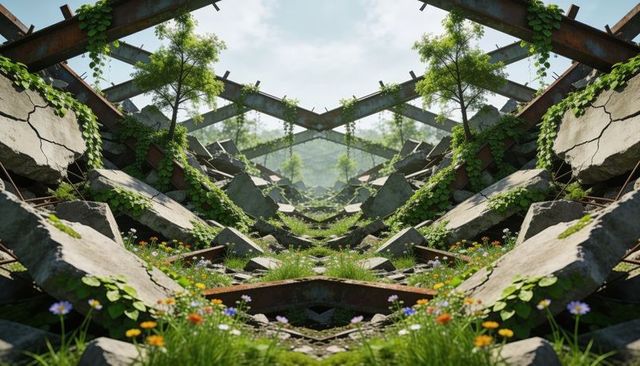 Overgrown industrial ruins with rusted steel beams and wildflowers reclaiming concrete