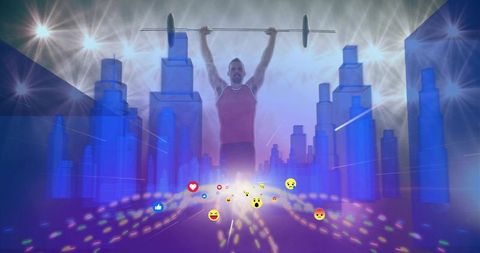 Man Lifting Barbell in Futuristic Digital Cityscape