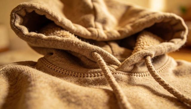Cozy tan hooded sweatshirt close-up showing brushed fleece, drawcords and stitching