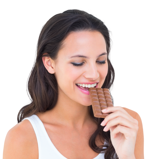 Brunette Woman Enjoying Delicious Chocolate Bar, Crystal Clear Background - Download Free Stock Videos Pikwizard.com