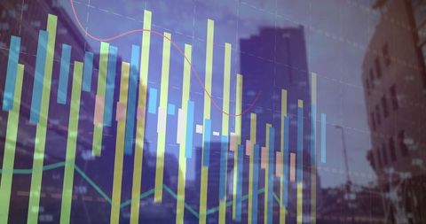 City Skyline Reflecting Through Translucent Candlestick Charts and Financial Data Bars