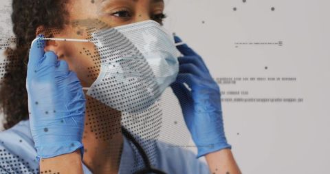 Nurse Adjusting Surgical Mask Amidst Digital Interface
